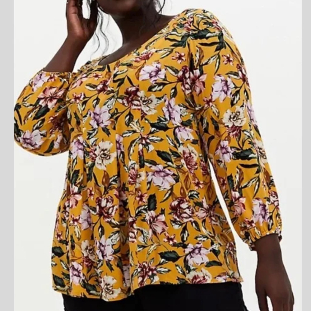 Torrid Fit and Flare Crinkle Gauze Top Women’s Size 3X Yellow Floral Long Sleeve